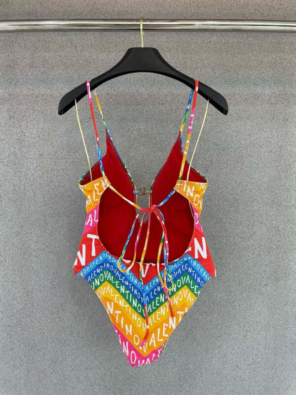 Valentino Rainbow Chevron Logo Print V-Neck One-Piece Swimsuit