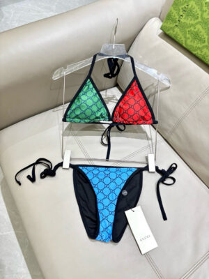 6 Gucci GG Logo Print Multicolor Triangle Halter Two-Piece Bikini Swimsuit