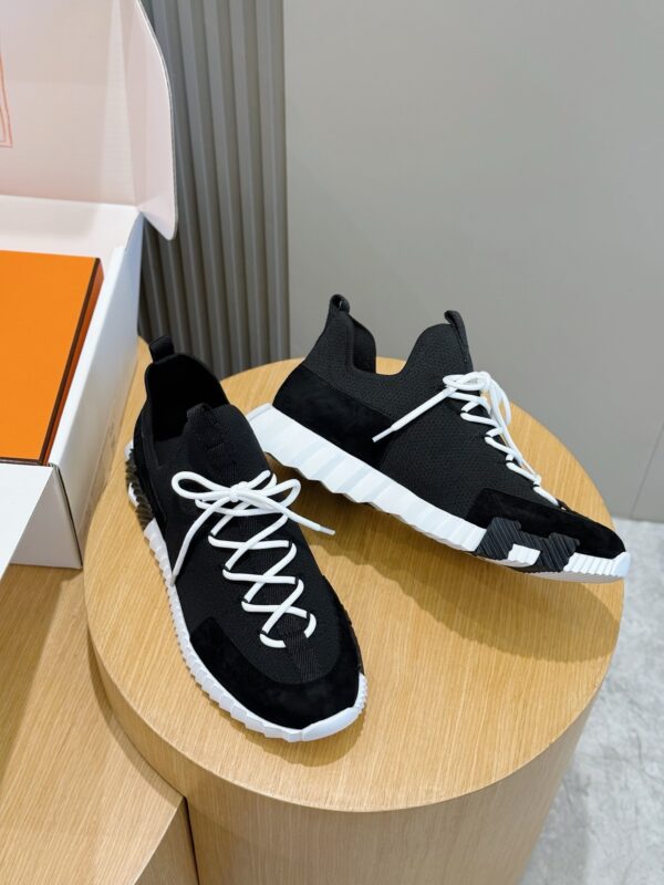 6 Hermès Black Knit and Suede Low-Top Sneakers with White Laces and Treaded Sole