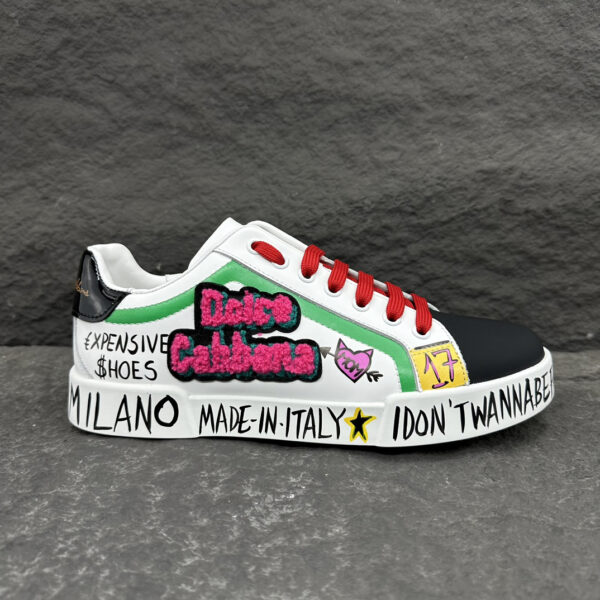 6 Dolce & Gabbana Graffiti Patch White Leather Sneakers, Italy-Made Street Style Casual Shoes