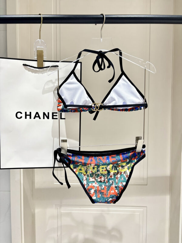 6 Print Halter Triangle Two-Piece Bikini Swimsuit Chanel Multicolor Logo