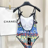 7 Chanel Multicolor Logo Print One-Piece Swimsuit with Bow Straps
