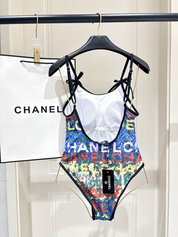 7 Chanel Multicolor Logo Print One-Piece Swimsuit with Bow Straps