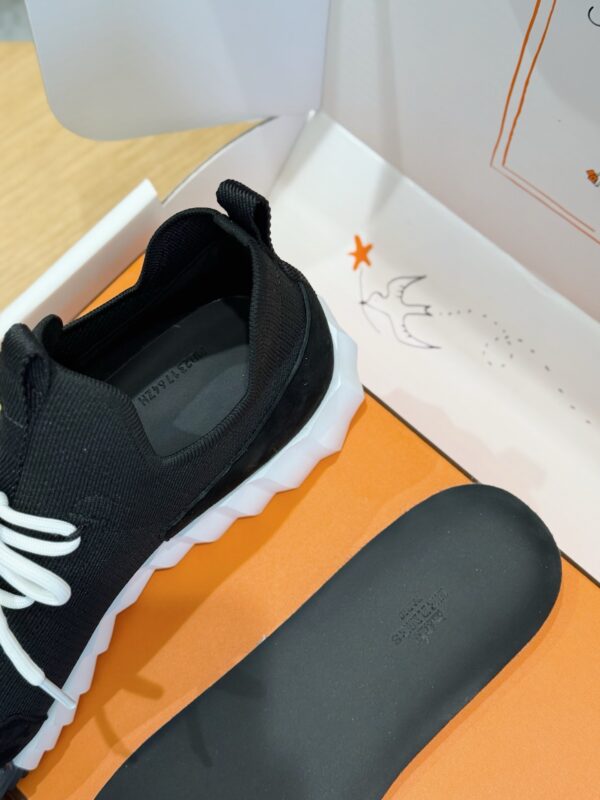 7 Hermès Black Knit and Suede Low-Top Sneakers with White Laces and Treaded Sole