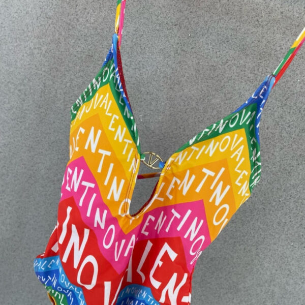Valentino Rainbow Chevron Logo Print V-Neck One-Piece Swimsuit