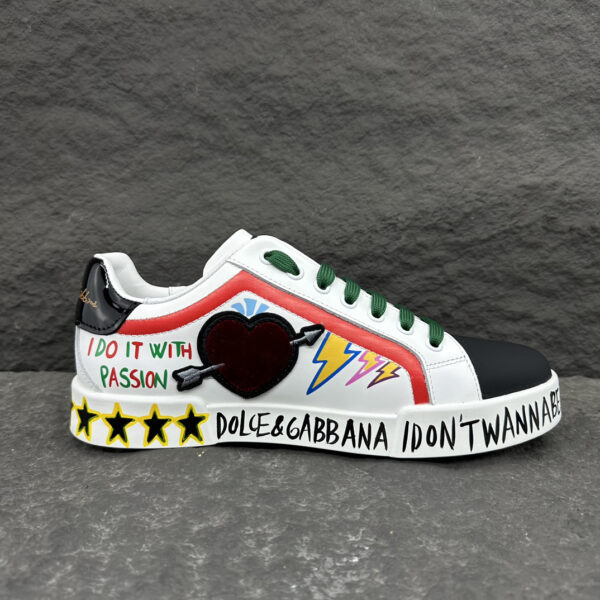8 Dolce & Gabbana Graffiti Patch White Leather Sneakers, Italy-Made Street Style Casual Shoes
