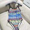 8 Chanel Multicolor Logo Print One-Piece Swimsuit with Bow Straps