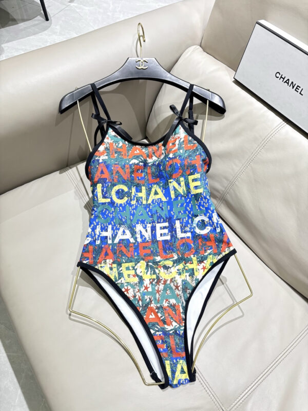 8 Chanel Multicolor Logo Print One-Piece Swimsuit with Bow Straps
