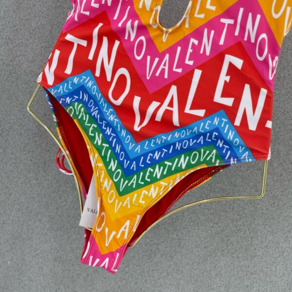 Valentino Rainbow Chevron Logo Print V-Neck One-Piece Swimsuit