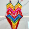 Valentino Rainbow Chevron Logo Print V-Neck One-Piece Swimsuit