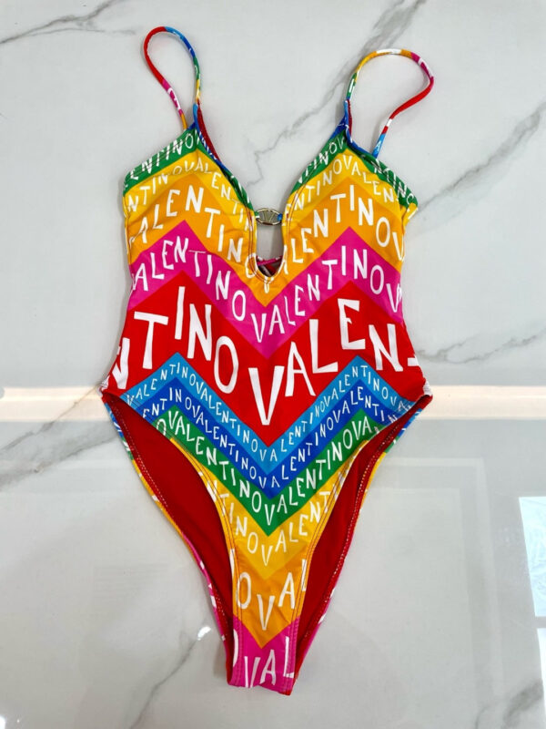 Valentino Rainbow Chevron Logo Print V-Neck One-Piece Swimsuit