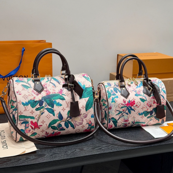 Vuitton LV Speedy 30 Pink Floral Monogram Canvas Top Handle Bag with Strap