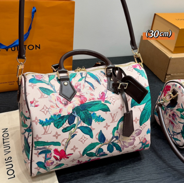 Vuitton LV Speedy 30 Pink Floral Monogram Canvas Top Handle Bag with Strap