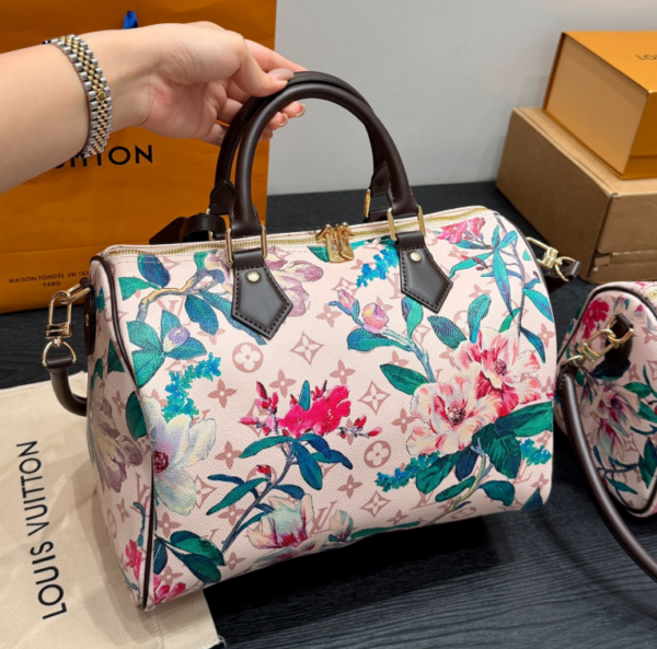 Vuitton LV Speedy 30 Pink Floral Monogram Canvas Top Handle Bag with Strap