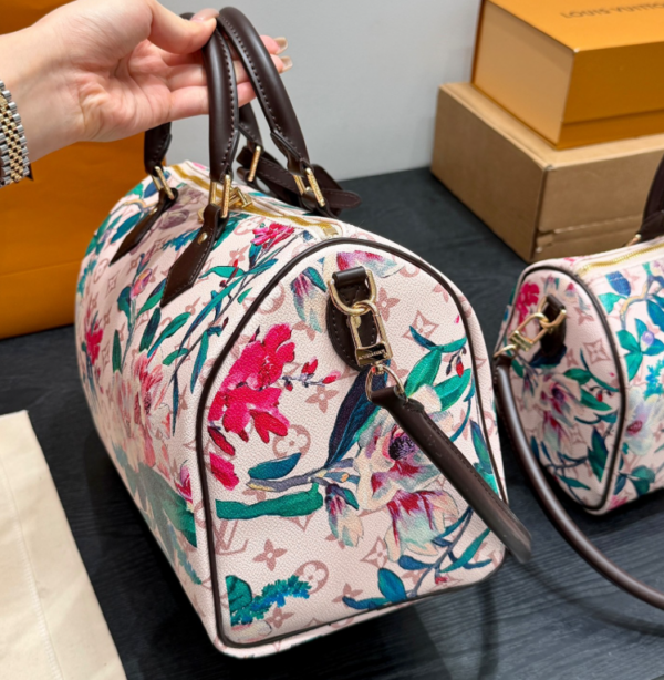 Vuitton LV Speedy 30 Pink Floral Monogram Canvas Top Handle Bag with Strap