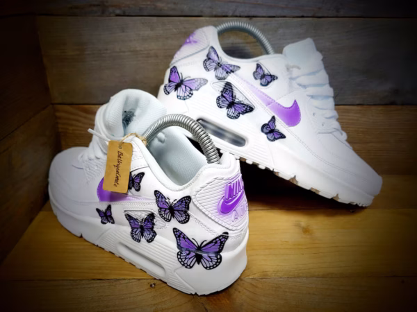il_1140xN.5436483288_i5ay Custom Nike Air Max 90 White Sneakers with Hand-Painted Purple Butterflies