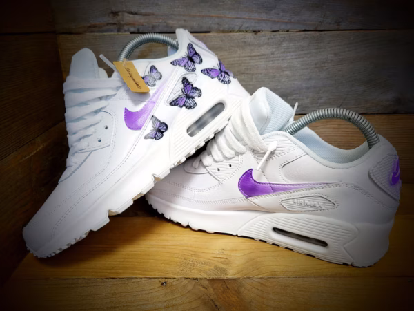 il_1140xN.5436483822_b39k Custom Nike Air Max 90 White Sneakers with Hand-Painted Purple Butterflies