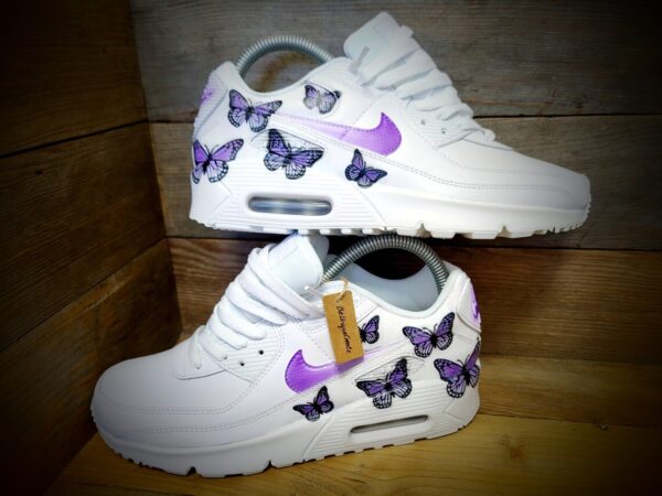 il_1140xN.5484612403_33f8 Custom Nike Air Max 90 White Sneakers with Hand-Painted Purple Butterflies