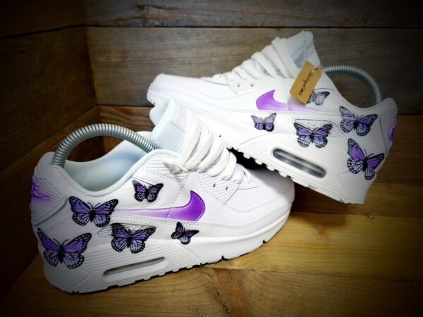 il_1140xN.5484612679_2htr Custom Nike Air Max 90 White Sneakers with Hand-Painted Purple Butterflies