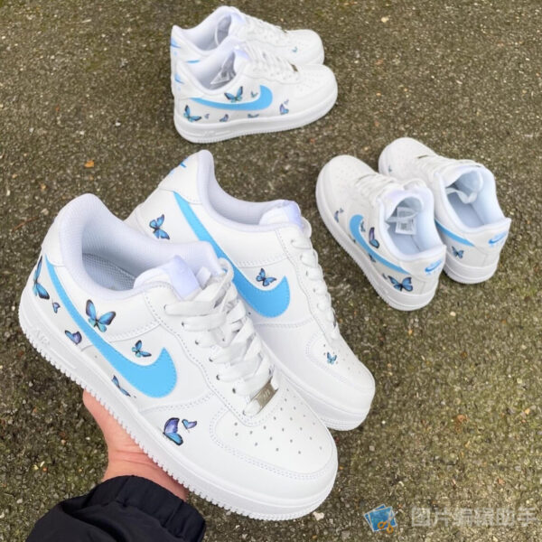 il_1140xN.5680311605_3q3q Custom Nike Air Force 1 White Sneakers with Blue Swoosh & Hand-Painted Blue Butterflies