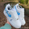 il_1140xN.5774620620_7yil Custom Nike Air Force 1 White Sneakers with Blue Swoosh & Hand-Painted Blue Butterflies