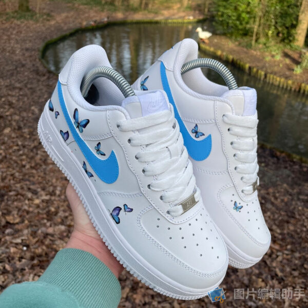 il_1140xN.5774620620_7yil Custom Nike Air Force 1 White Sneakers with Blue Swoosh & Hand-Painted Blue Butterflies