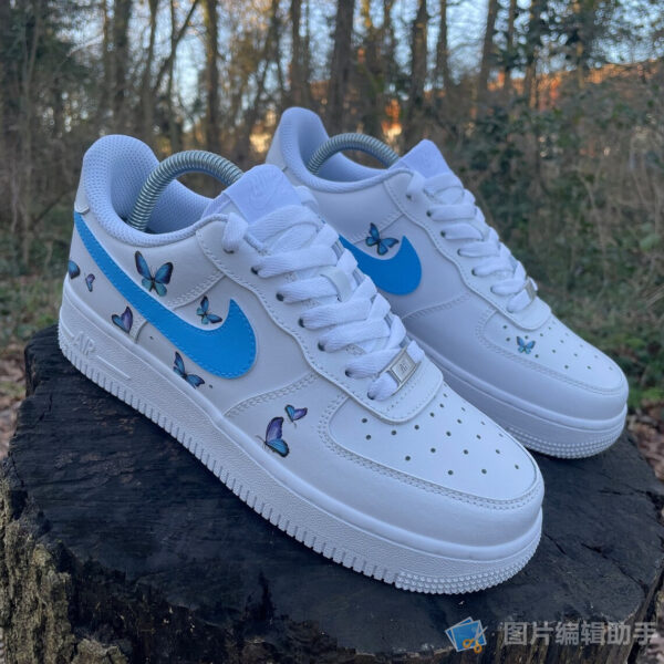 il_1140xN.5822683483_roec Custom Nike Air Force 1 White Sneakers with Blue Swoosh & Hand-Painted Blue Butterflies