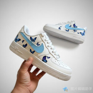 il_1140xN.7661478156_c815 Custom Nike Air Force 1 White Sneakers with Blue Swoosh & Hand-Painted Blue Butterflies